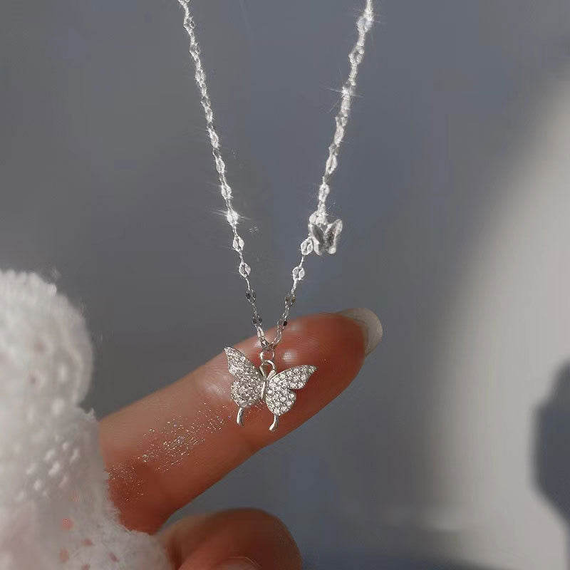 Square bank S925 sterling silver butterfly necklace autumn and winter light luxury high-grade sense new niche design pendant explosion clavicle chain