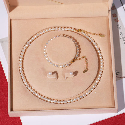 Natural deep-sea bead pearl necklace women's wind three-piece set collarbone chain Mother's Day gift