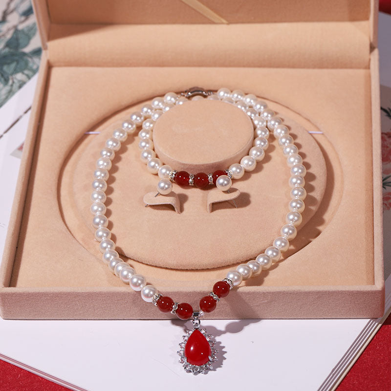 Natural deep-sea bead pearl necklace women's wind three-piece set collarbone chain Mother's Day gift