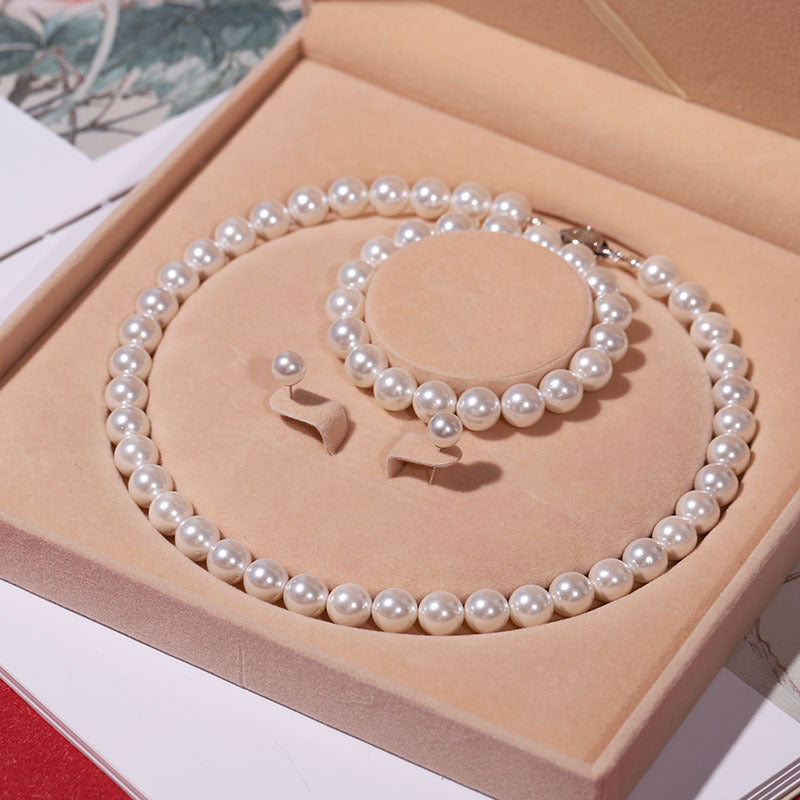 Natural deep-sea bead pearl necklace women's wind three-piece set collarbone chain Mother's Day gift