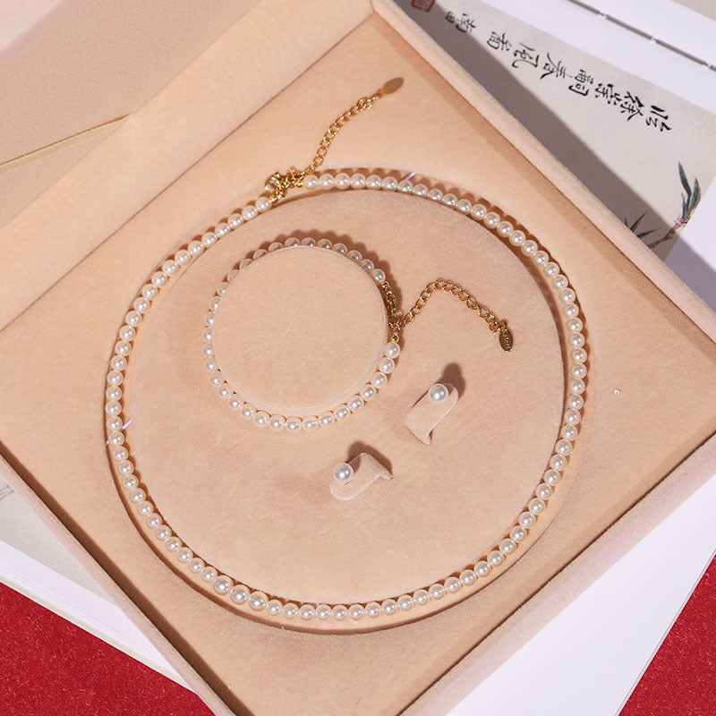 Natural deep-sea bead pearl necklace women's wind three-piece set collarbone chain Mother's Day gift