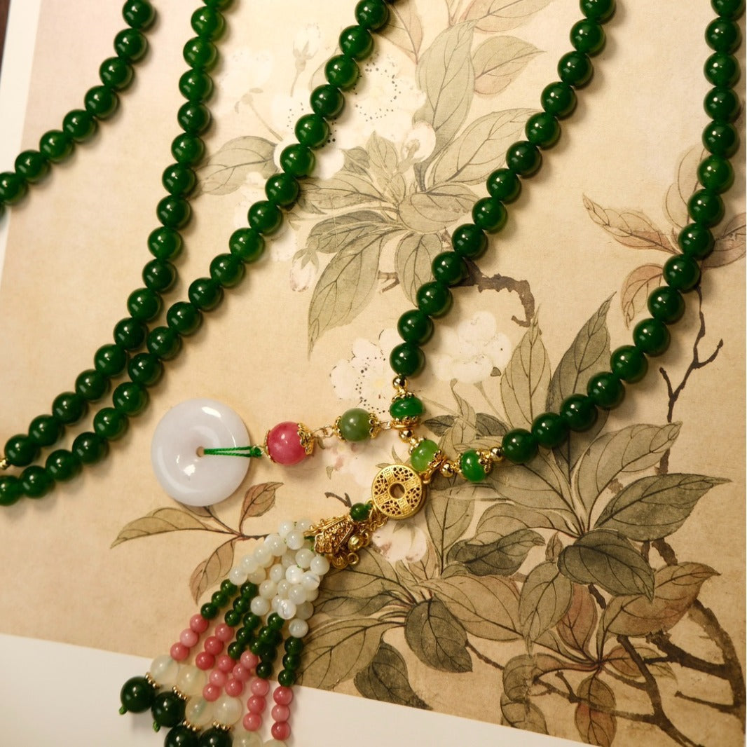 Original handmade emerald chalcedony long round bead necklace featuring pomegranate gravel national style accessories crossbody back chain