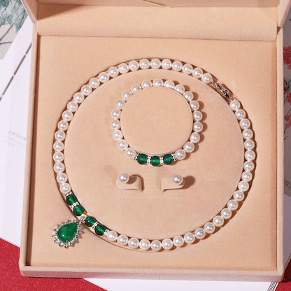 Natural deep-sea bead pearl necklace women's wind three-piece set collarbone chain Mother's Day gift