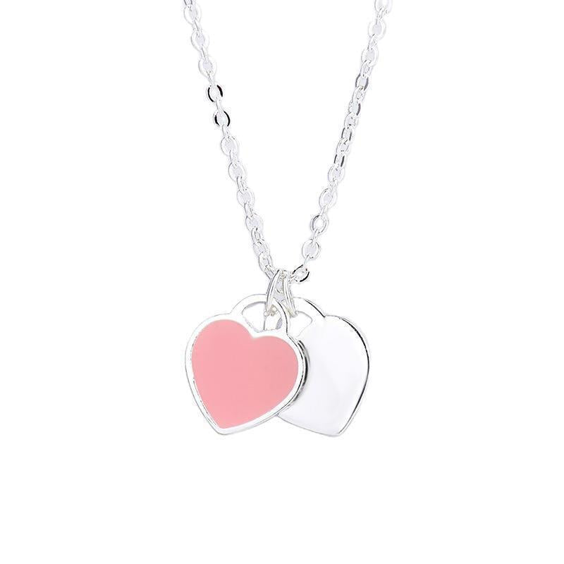 Explosive Love Necklace Women's 925 Sterling Silver Red Heart Oil Drip Enamel Blue Clavicle Chain Double Heart Pendant Peach Heart T Home