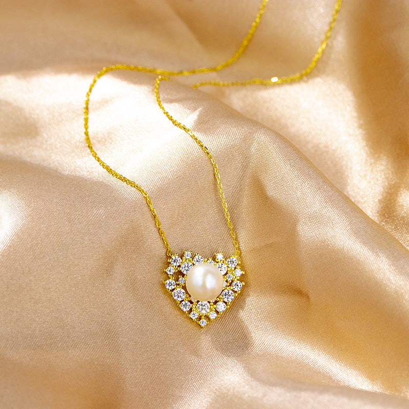 S925 silver heart-shaped pearl necklace women's small fresh design  love collarbone chain does not fade gift accessories