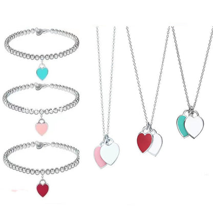 Internet celebrity popular love bracelet female red blue pink simple versatile oil drop enamel double heart necklace