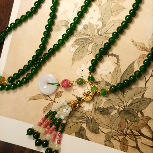 Original handmade emerald chalcedony long round bead necklace featuring pomegranate gravel national style accessories crossbody back chain