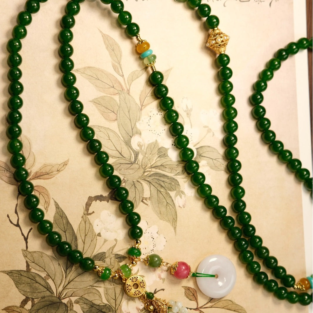 Original handmade emerald chalcedony long round bead necklace featuring pomegranate gravel national style accessories crossbody back chain