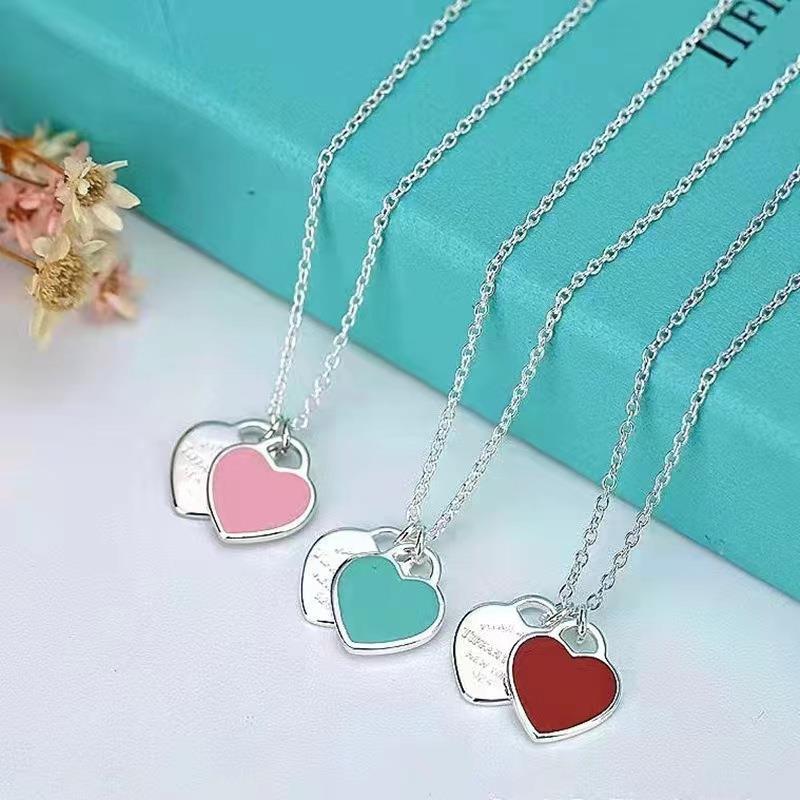 Explosive Love Necklace Women's 925 Sterling Silver Red Heart Oil Drip Enamel Blue Clavicle Chain Double Heart Pendant Peach Heart T Home