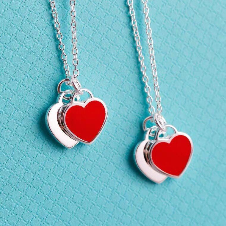 Explosive Love Necklace Women's 925 Sterling Silver Red Heart Oil Drip Enamel Blue Clavicle Chain Double Heart Pendant Peach Heart T Home