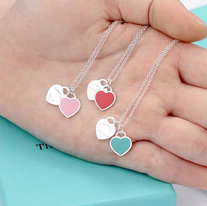 Explosive Love Necklace Women's 925 Sterling Silver Red Heart Oil Drip Enamel Blue Clavicle Chain Double Heart Pendant Peach Heart T Home