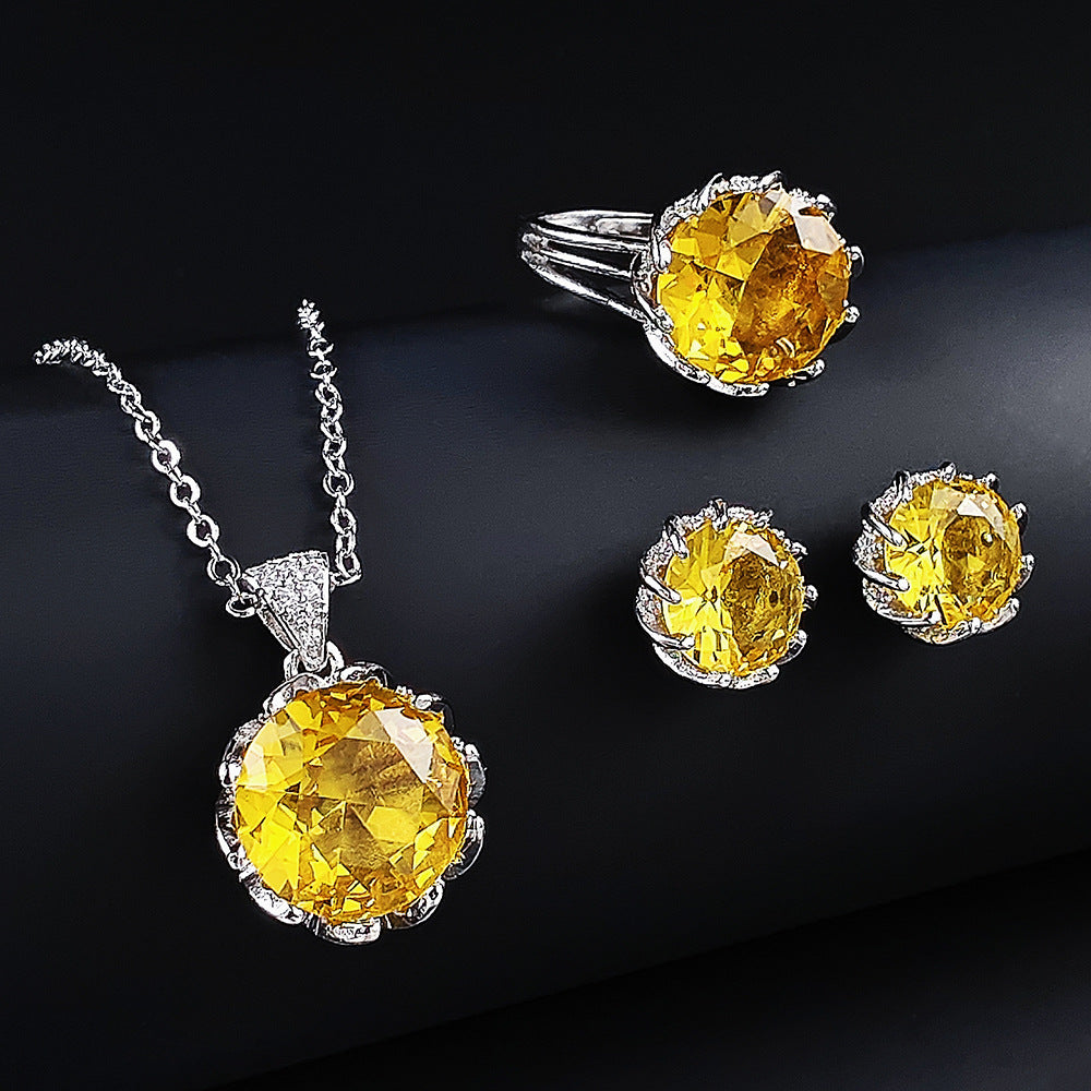 New full diamond lotus set 7.5 carat bright yellow diamond pendant APT stud earrings colorful treasure ring j8109