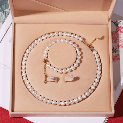 Natural deep-sea bead pearl necklace women's wind three-piece set collarbone chain Mother's Day gift