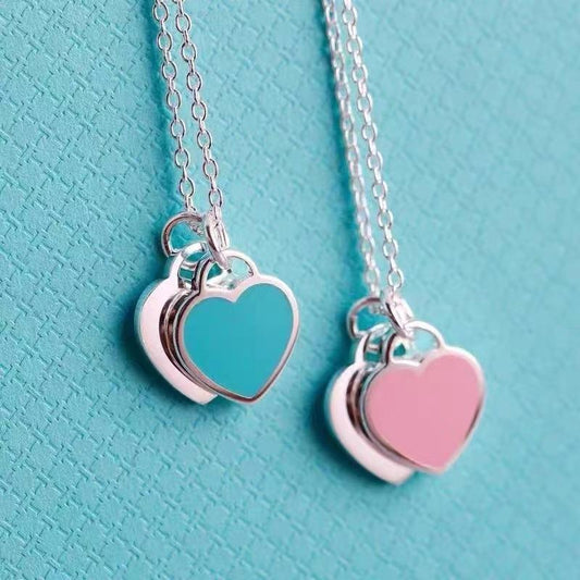 Explosive Love Necklace Women's 925 Sterling Silver Red Heart Oil Drip Enamel Blue Clavicle Chain Double Heart Pendant Peach Heart T Home