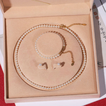 Natural deep-sea bead pearl necklace women's wind three-piece set collarbone chain Mother's Day gift